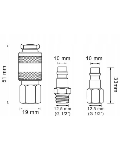SZYBKOZŁĄCZKI PNEUMATYCZNE 10mm 1/2" zestaw 3szt TYP-26 do kompresora