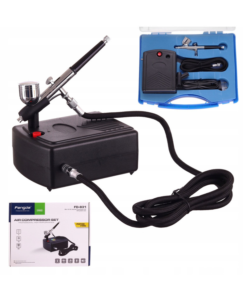 FENGDA FD-831 AEROGRAF 0,3mm + KOMPRESOR + WĄŻ 1,5m zestaw do malowania w walizce
