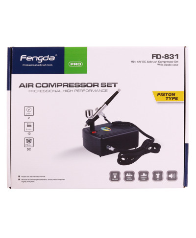 FENGDA FD-831 AEROGRAF 0,3mm + KOMPRESOR + WĄŻ 1,5m zestaw do malowania w walizce