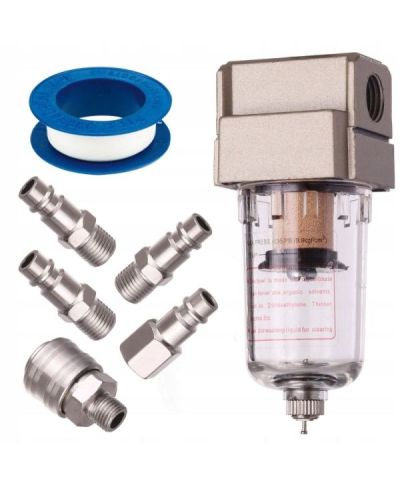 Filtr Powietrza Odwadniacz 1/4" Separator + złączki + taśma teflonowa