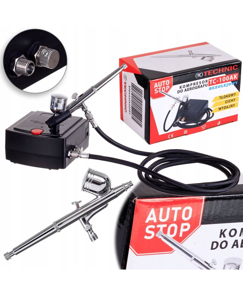 KOMPRESOR DO AEROGRAFU AUTO STOP + AEROGRAF + WĄŻ TC-100AK