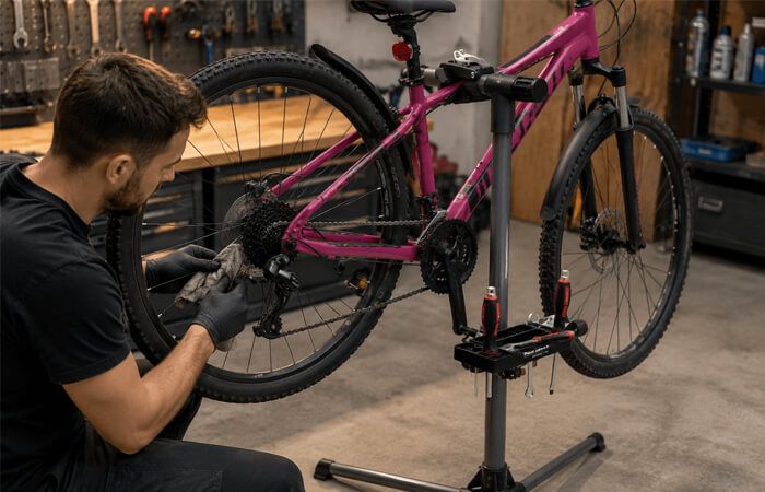 Letni serwis roweru w garażu — jak ustawić rower na stojak serwisowy do roweru i zrobić podstawowy przegląd przed urlopem?